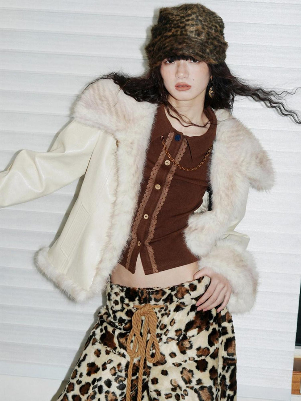 badtaste Western Patchwork Textured Fur Collar Women's Other Material Leather Jackets