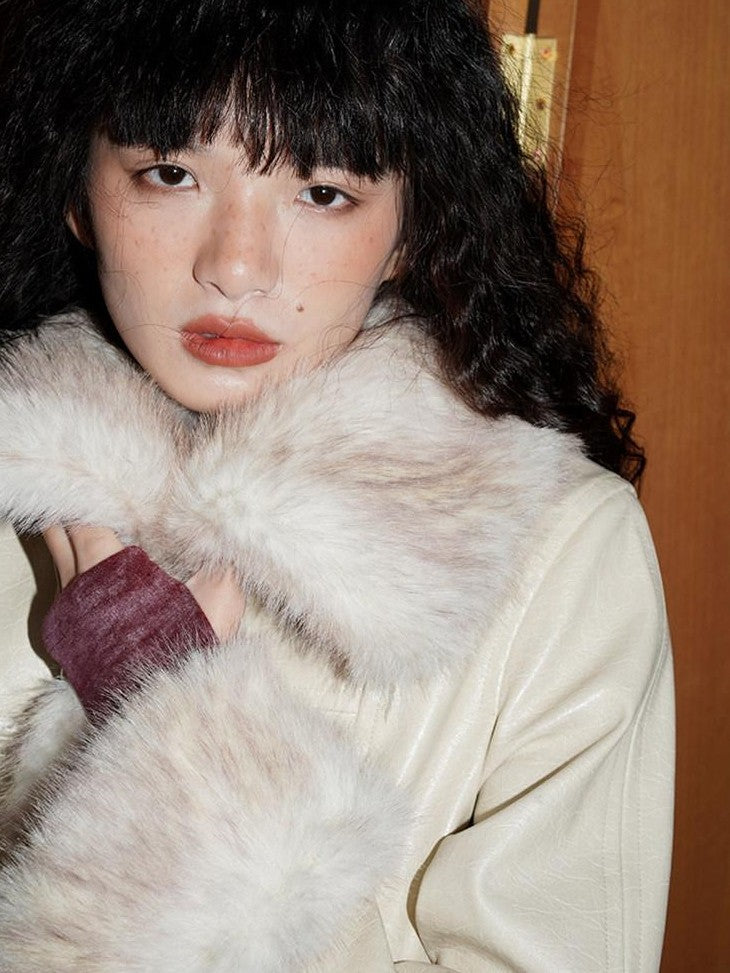 badtaste Western Patchwork Textured Fur Collar Women's Other Material Leather Jackets