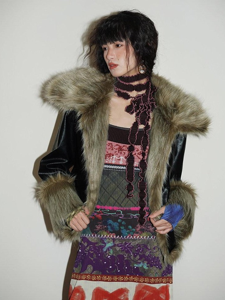 badtaste Western Patchwork Textured Fur Collar Women's Other Material Leather Jackets