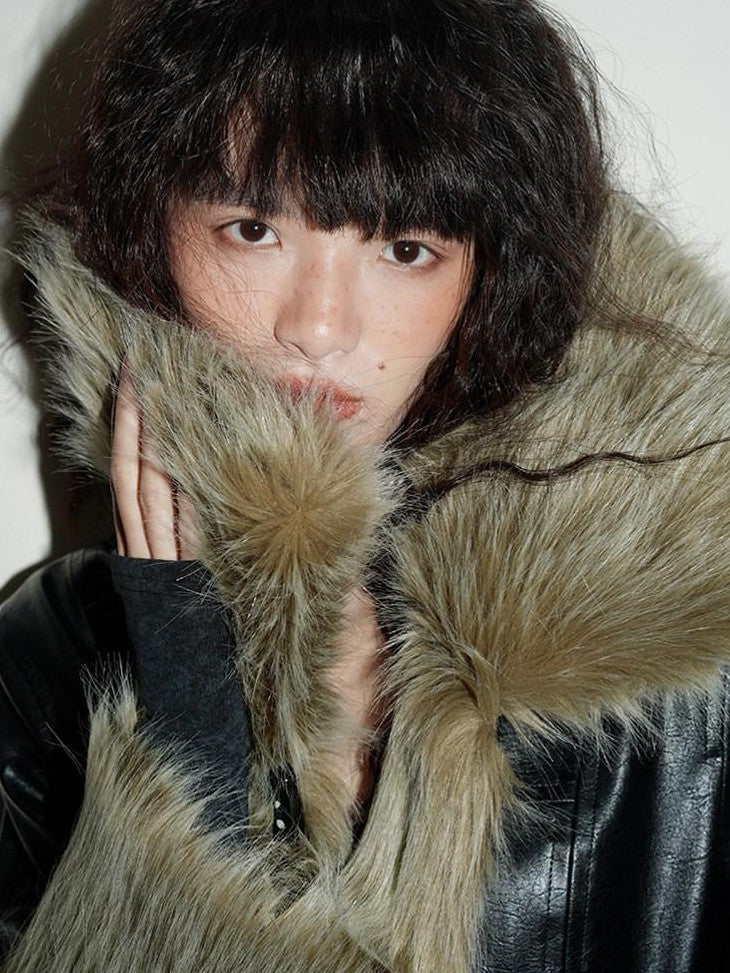 badtaste Western Patchwork Textured Fur Collar Women's Other Material Leather Jackets