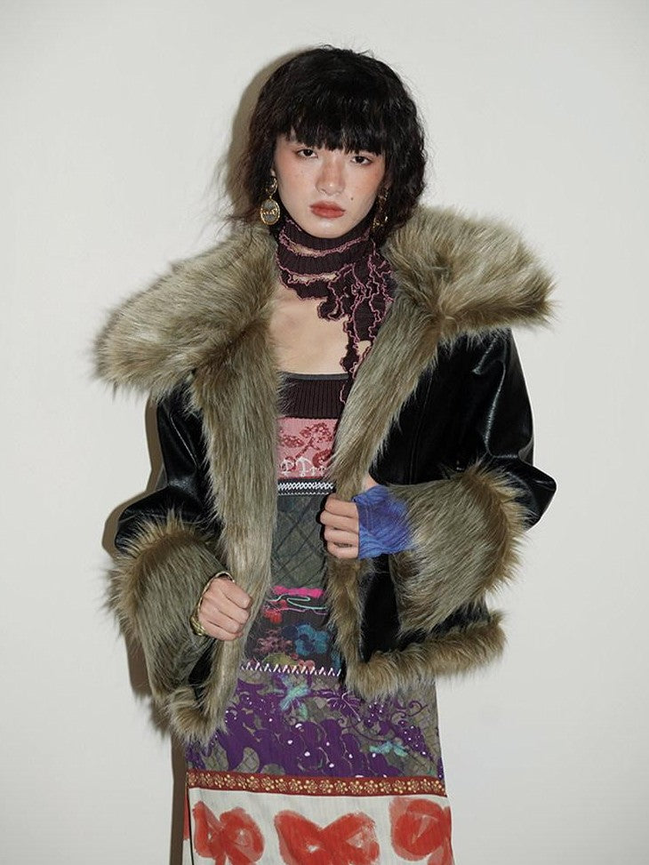 badtaste Western Patchwork Textured Fur Collar Women's Other Material Leather Jackets