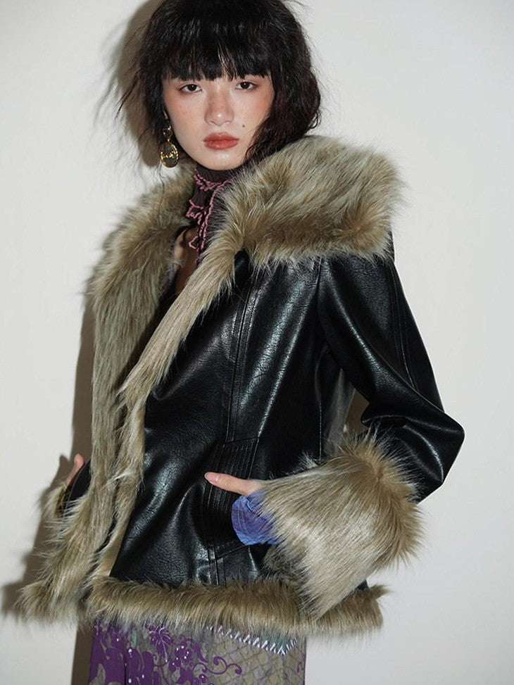 badtaste Western Patchwork Textured Fur Collar Women's Other Material Leather Jackets