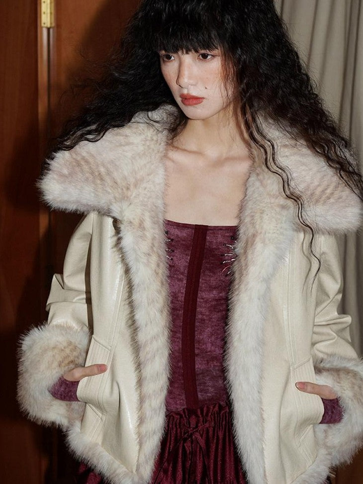 badtaste Western Patchwork Textured Fur Collar Women's Other Material Leather Jackets