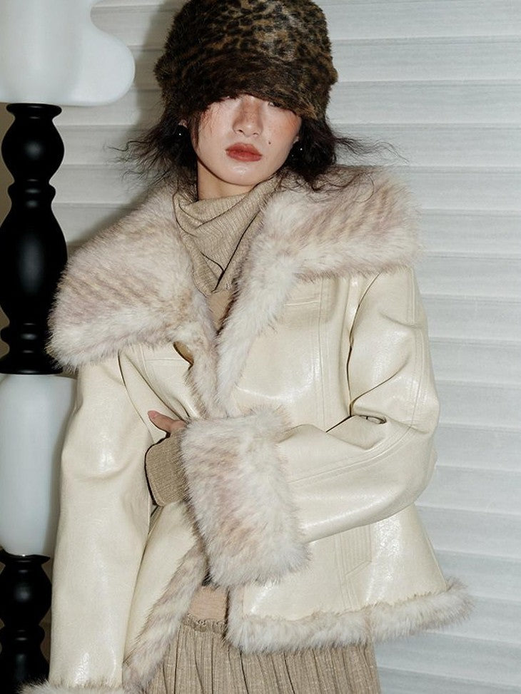 badtaste Western Patchwork Textured Fur Collar Women's Other Material Leather Jackets