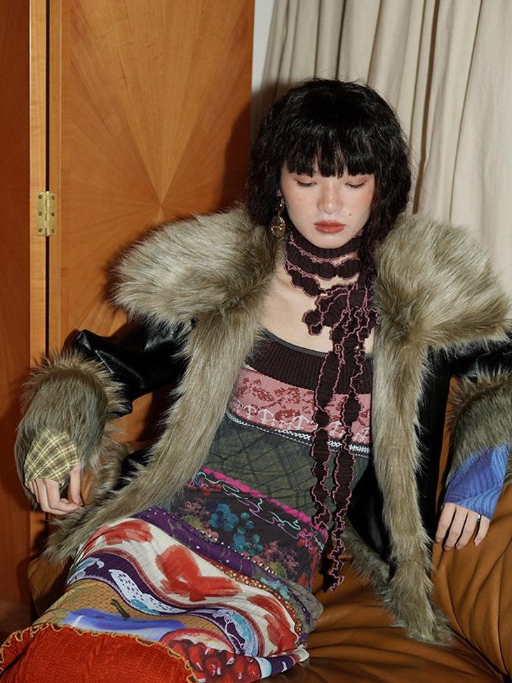 badtaste Western Patchwork Textured Fur Collar Women's Other Material Leather Jackets