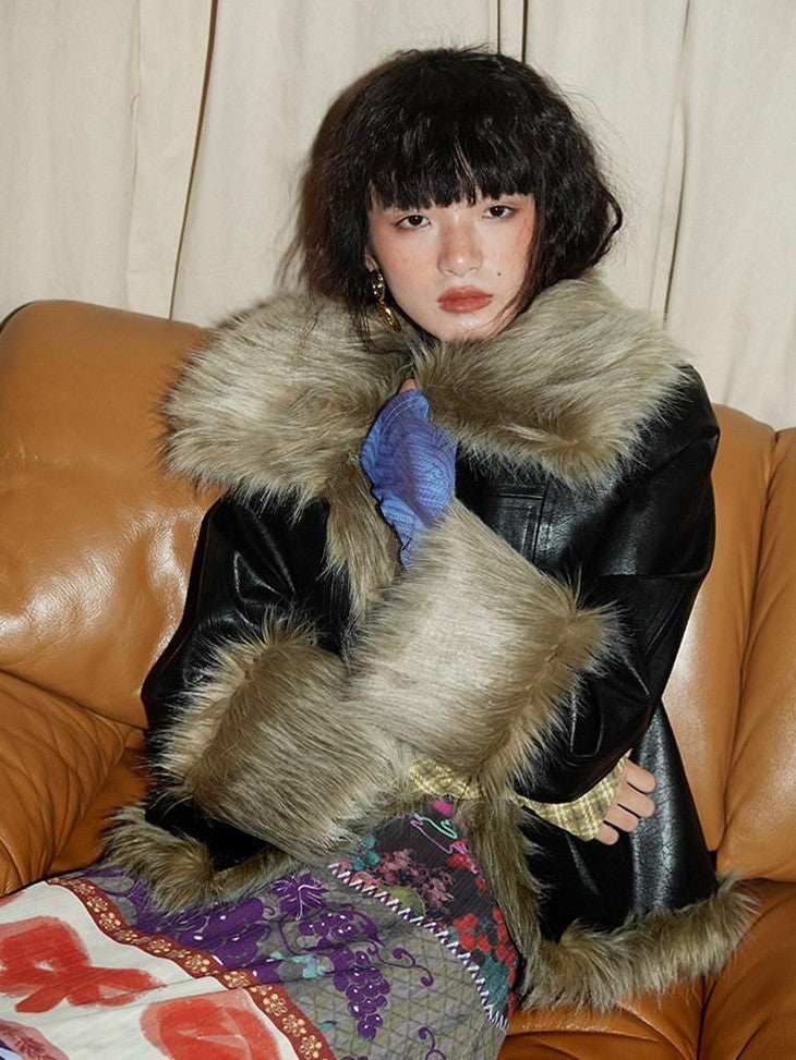 badtaste Western Patchwork Textured Fur Collar Women's Other Material Leather Jackets