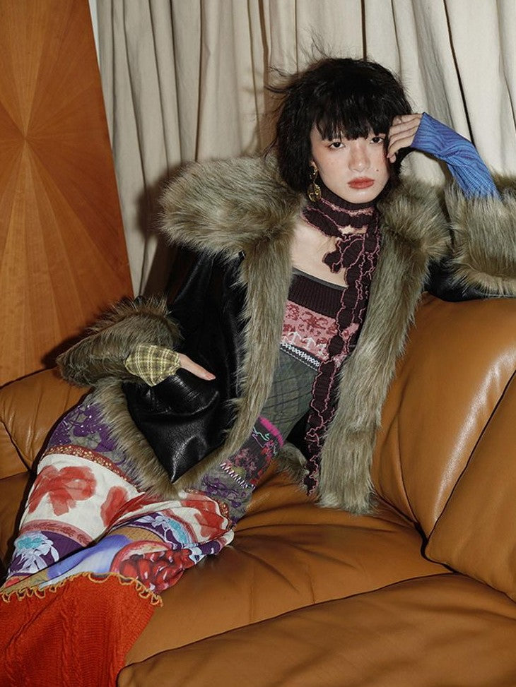 badtaste Western Patchwork Textured Fur Collar Women's Other Material Leather Jackets
