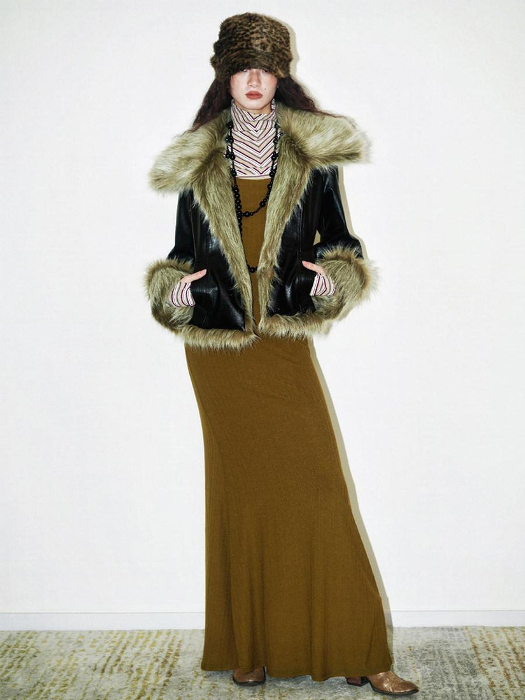 badtaste Western Patchwork Textured Fur Collar Women's Other Material Leather Jackets