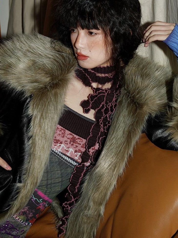 badtaste Western Patchwork Textured Fur Collar Women's Other Material Leather Jackets