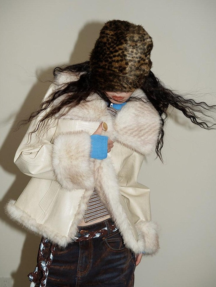 badtaste Western Patchwork Textured Fur Collar Women's Other Material Leather Jackets