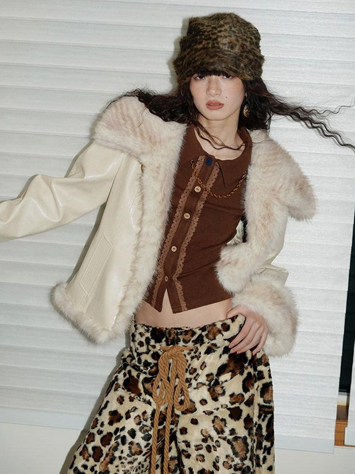 badtaste Western Patchwork Textured Fur Collar Women's Other Material Leather Jackets