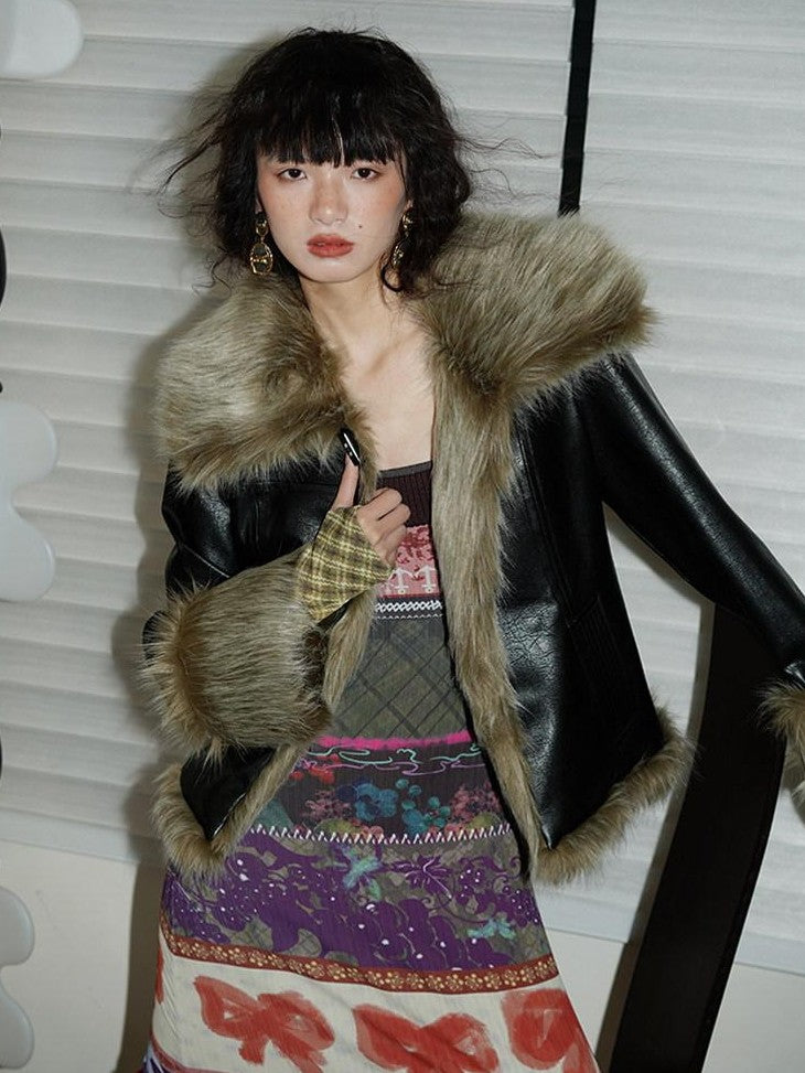 badtaste Western Patchwork Textured Fur Collar Women's Other Material Leather Jackets