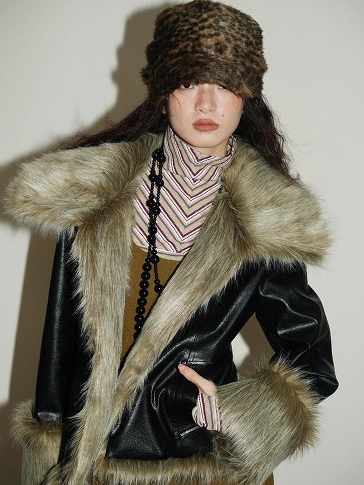 badtaste Western Patchwork Textured Fur Collar Women's Other Material Leather Jackets
