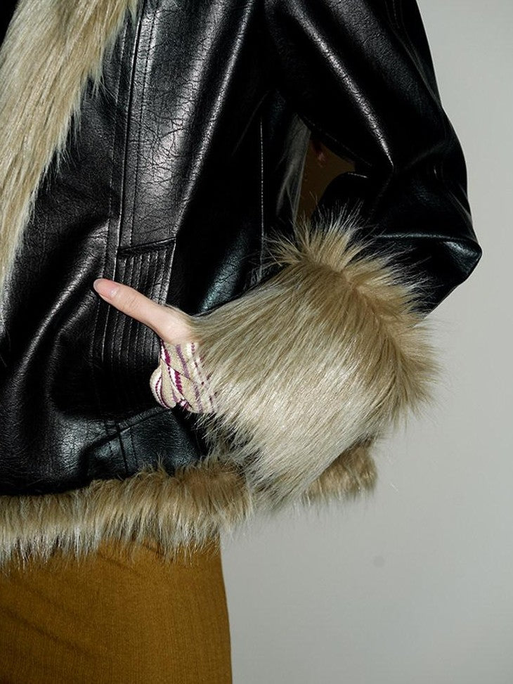 badtaste Western Patchwork Textured Fur Collar Women's Other Material Leather Jackets