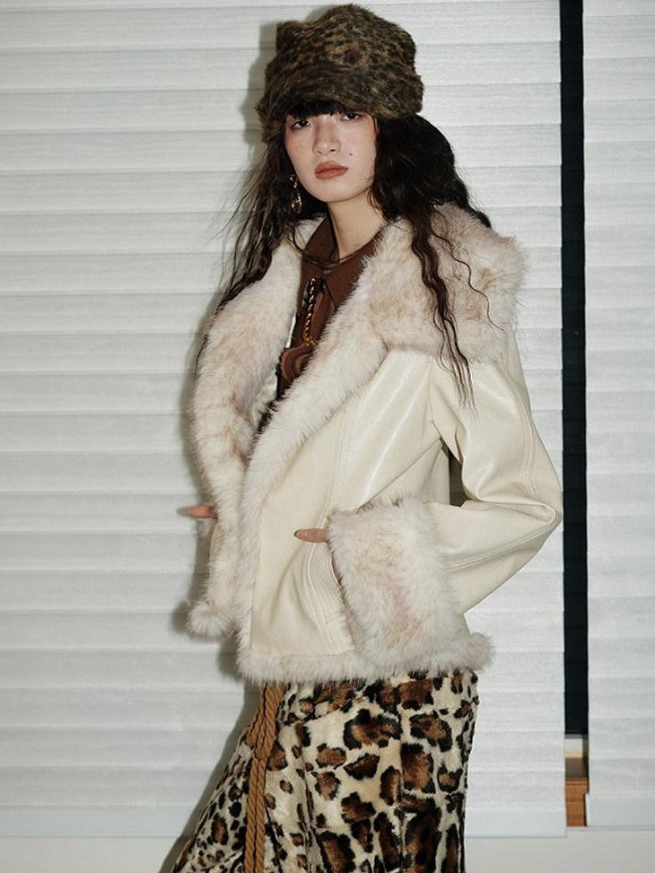 badtaste Western Patchwork Textured Fur Collar Women's Other Material Leather Jackets