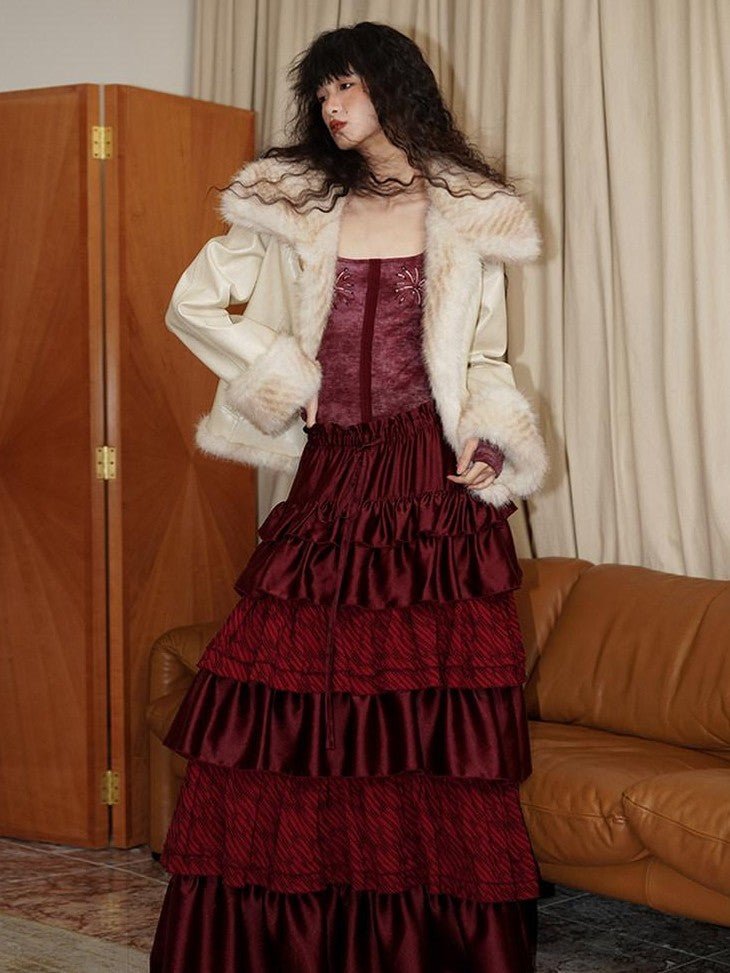 badtaste Western Patchwork Textured Fur Collar Women's Other Material Leather Jackets