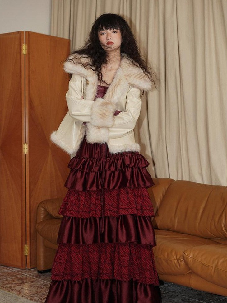 badtaste Western Patchwork Textured Fur Collar Women's Other Material Leather Jackets