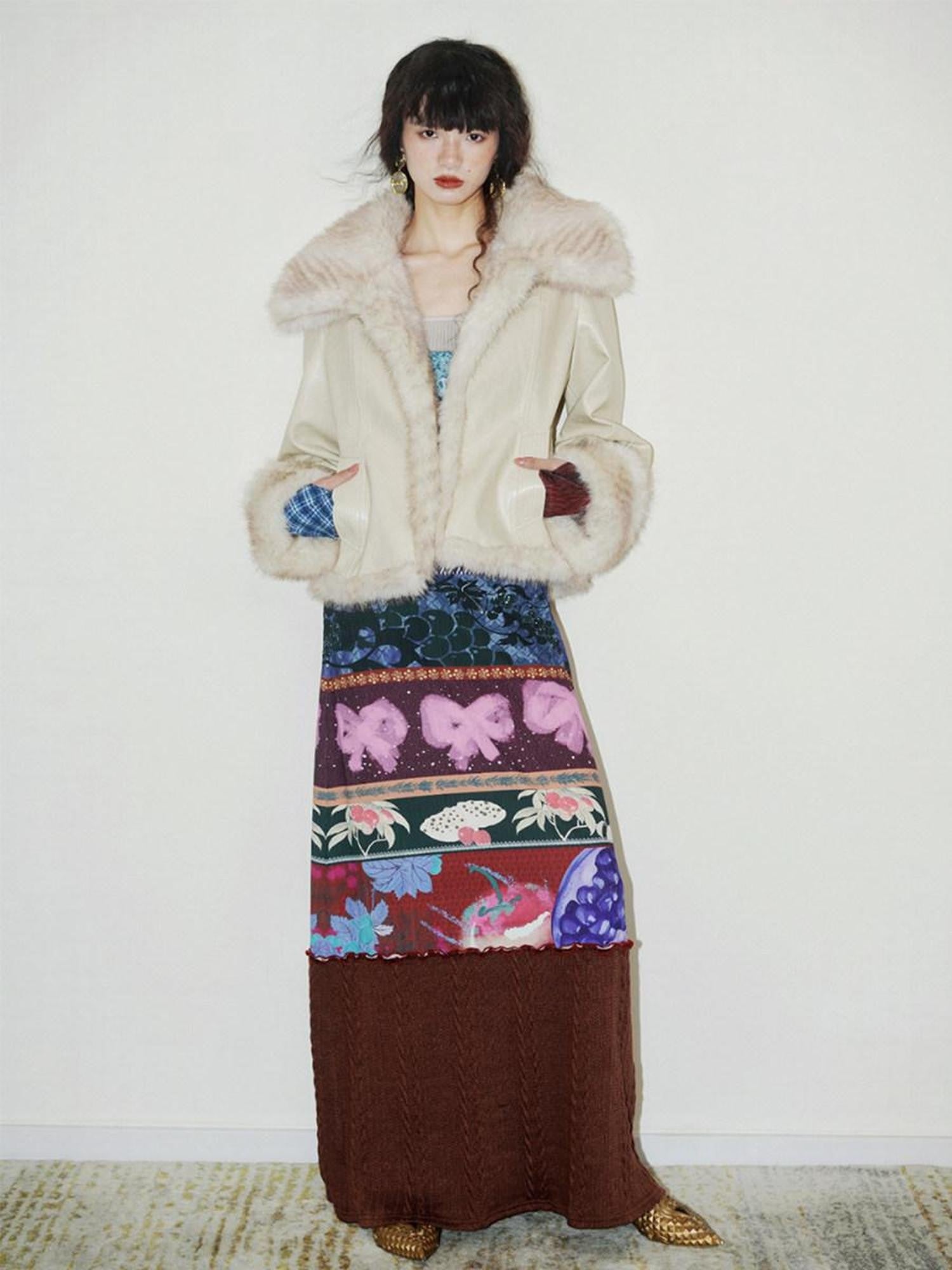 badtaste Western Patchwork Textured Fur Collar Women's Other Material Leather Jackets