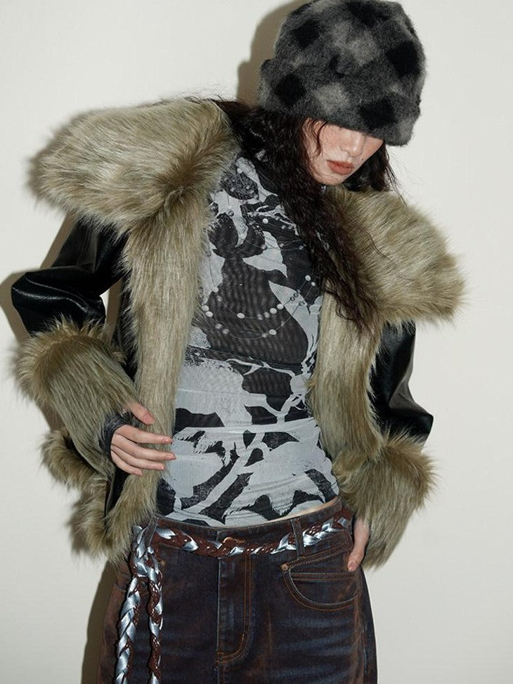 badtaste Western Patchwork Textured Fur Collar Women's Other Material Leather Jackets