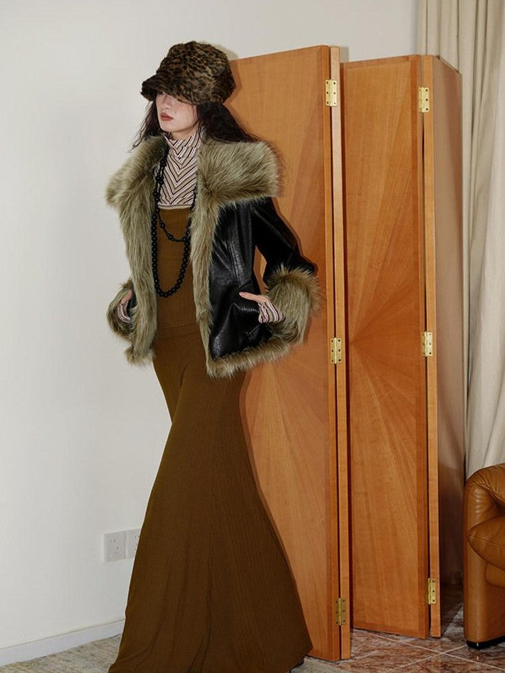 badtaste Western Patchwork Textured Fur Collar Women's Other Material Leather Jackets