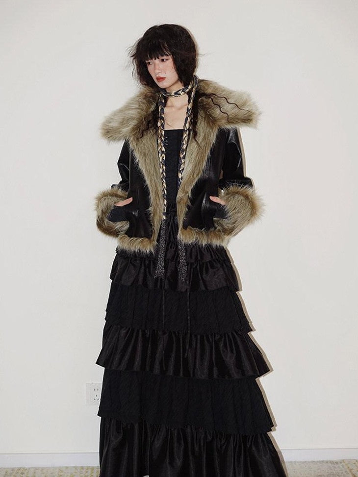 badtaste Western Patchwork Textured Fur Collar Women's Other Material Leather Jackets