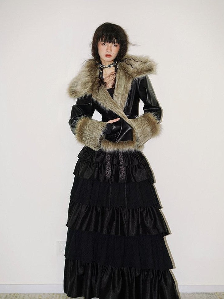 badtaste Western Patchwork Textured Fur Collar Women's Other Material Leather Jackets