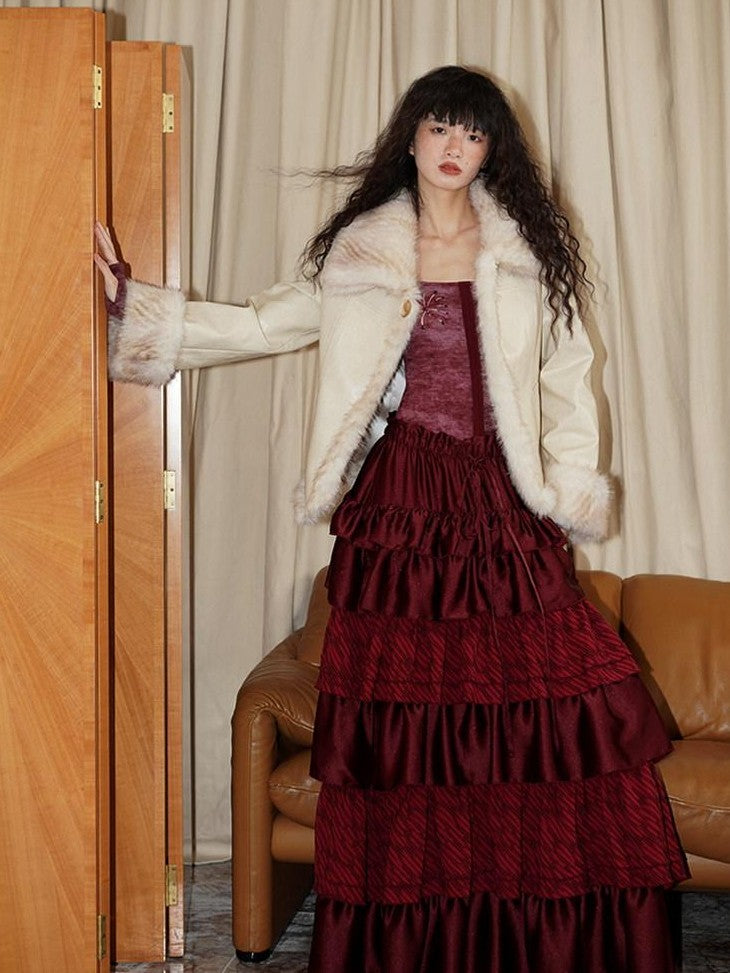 badtaste Western Patchwork Textured Fur Collar Women's Other Material Leather Jackets
