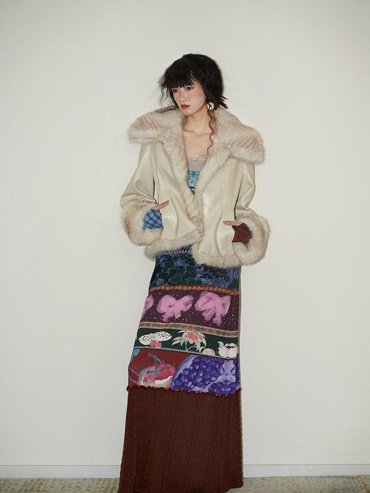 badtaste Western Patchwork Textured Fur Collar Women's Other Material Leather Jackets