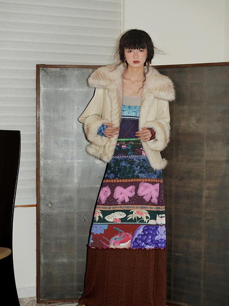 badtaste Western Patchwork Textured Fur Collar Women's Other Material Leather Jackets