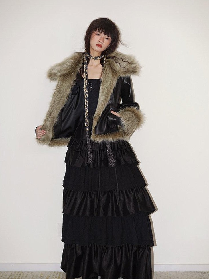 badtaste Western Patchwork Textured Fur Collar Women's Other Material Leather Jackets