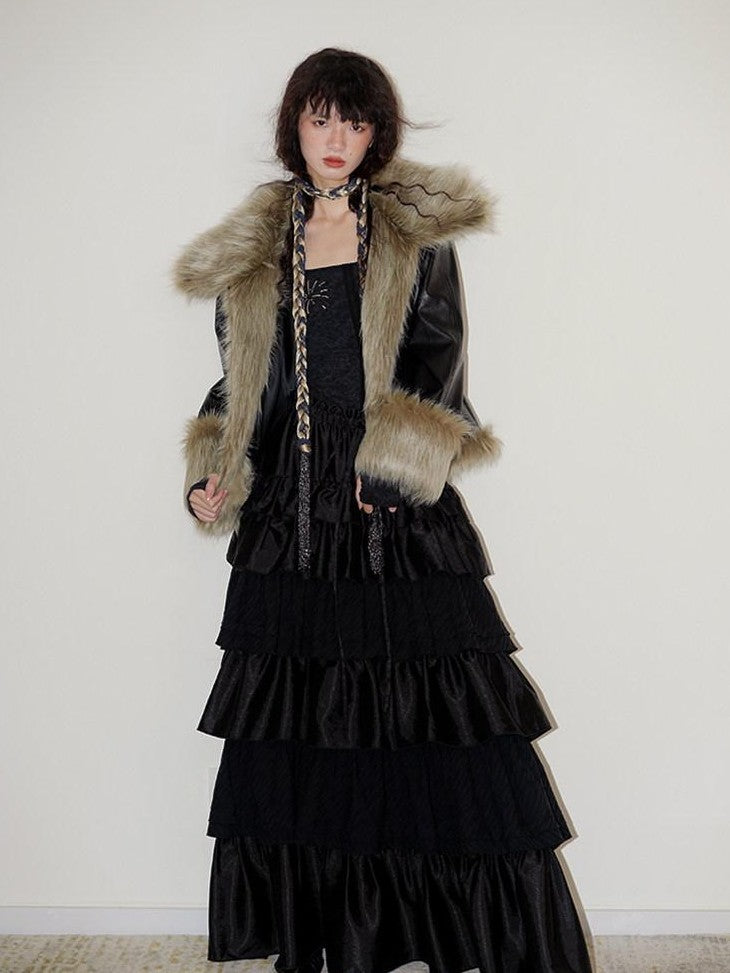 badtaste Western Patchwork Textured Fur Collar Women's Other Material Leather Jackets