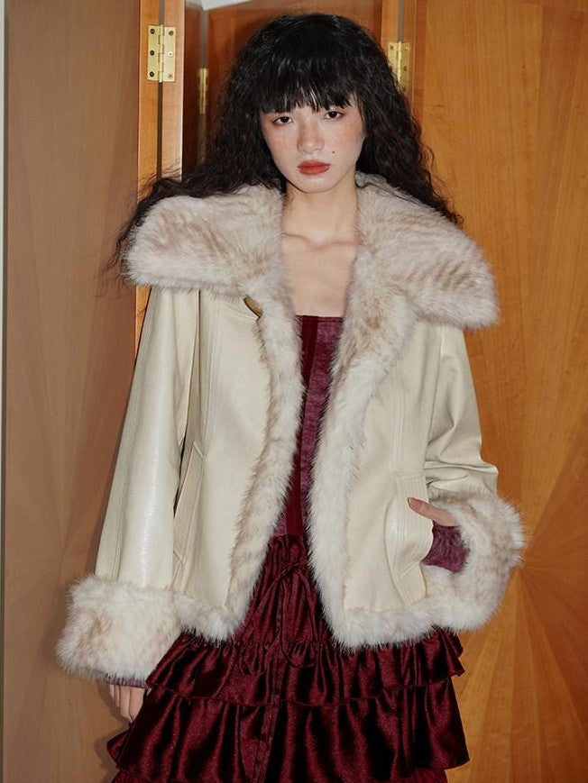 badtaste Western Patchwork Textured Fur Collar Women's Other Material Leather Jackets