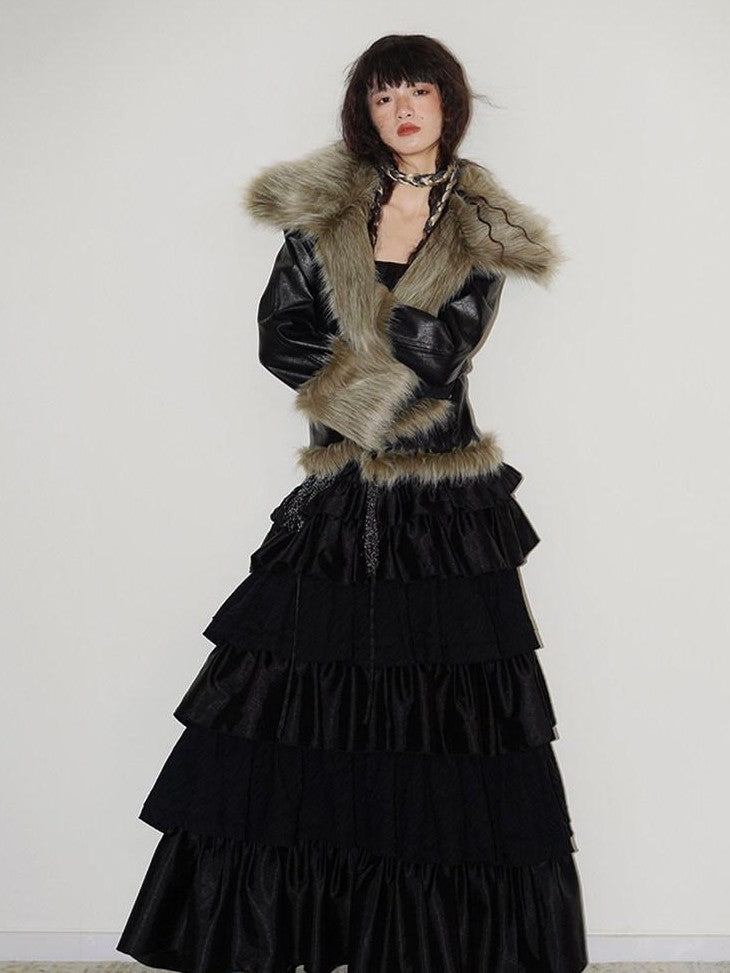 badtaste Western Patchwork Textured Fur Collar Women's Other Material Leather Jackets