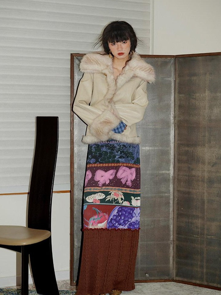 badtaste Western Patchwork Textured Fur Collar Women's Other Material Leather Jackets