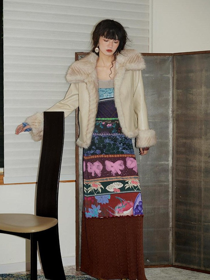 badtaste Western Patchwork Textured Fur Collar Women's Other Material Leather Jackets