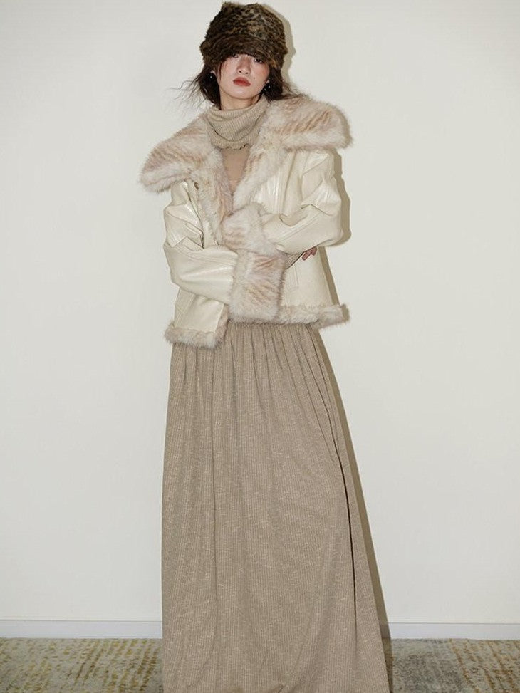 badtaste Western Patchwork Textured Fur Collar Women's Other Material Leather Jackets