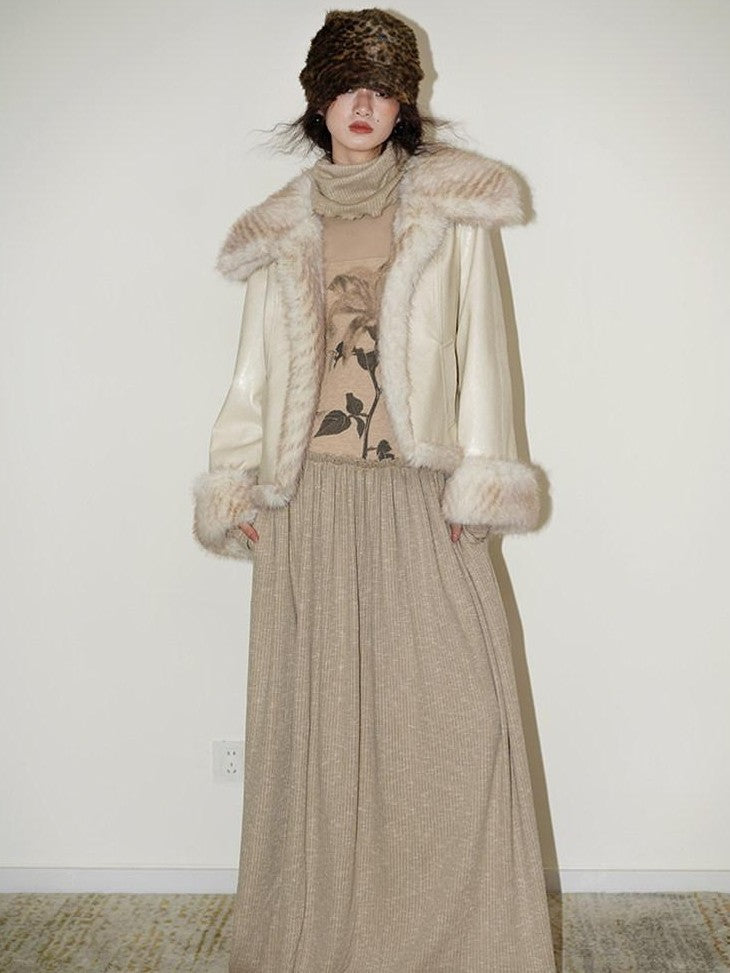 badtaste Western Patchwork Textured Fur Collar Women's Other Material Leather Jackets