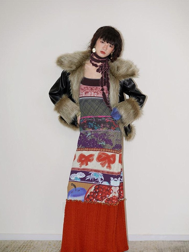 badtaste Western Patchwork Textured Fur Collar Women's Other Material Leather Jackets