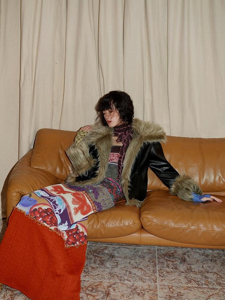 badtaste Western Patchwork Textured Fur Collar Women's Other Material Leather Jackets