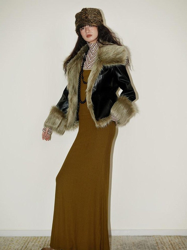 badtaste Western Patchwork Textured Fur Collar Women's Other Material Leather Jackets