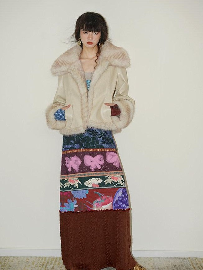 badtaste Western Patchwork Textured Fur Collar Women's Other Material Leather Jackets