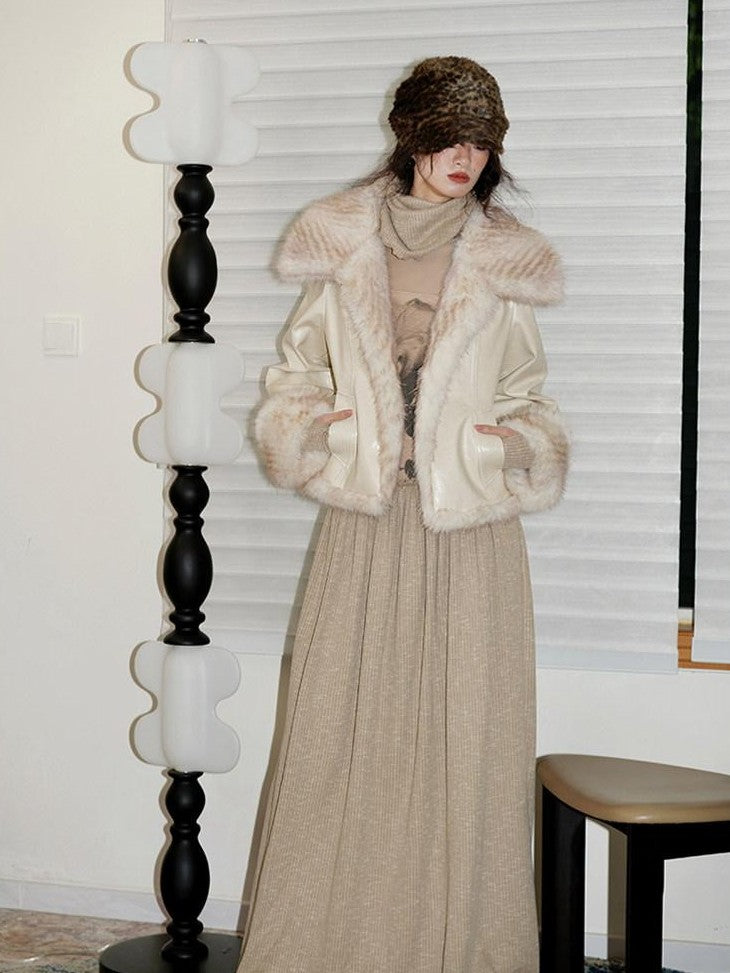badtaste Western Patchwork Textured Fur Collar Women's Other Material Leather Jackets