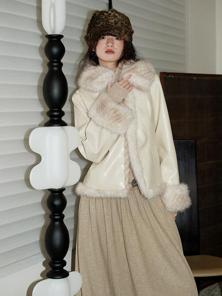 badtaste Western Patchwork Textured Fur Collar Women's Other Material Leather Jackets