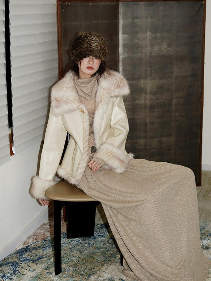 badtaste Western Patchwork Textured Fur Collar Women's Other Material Leather Jackets
