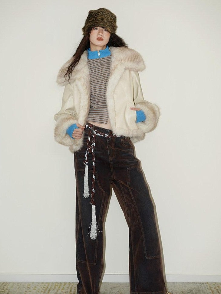 badtaste Western Patchwork Textured Fur Collar Women's Other Material Leather Jackets