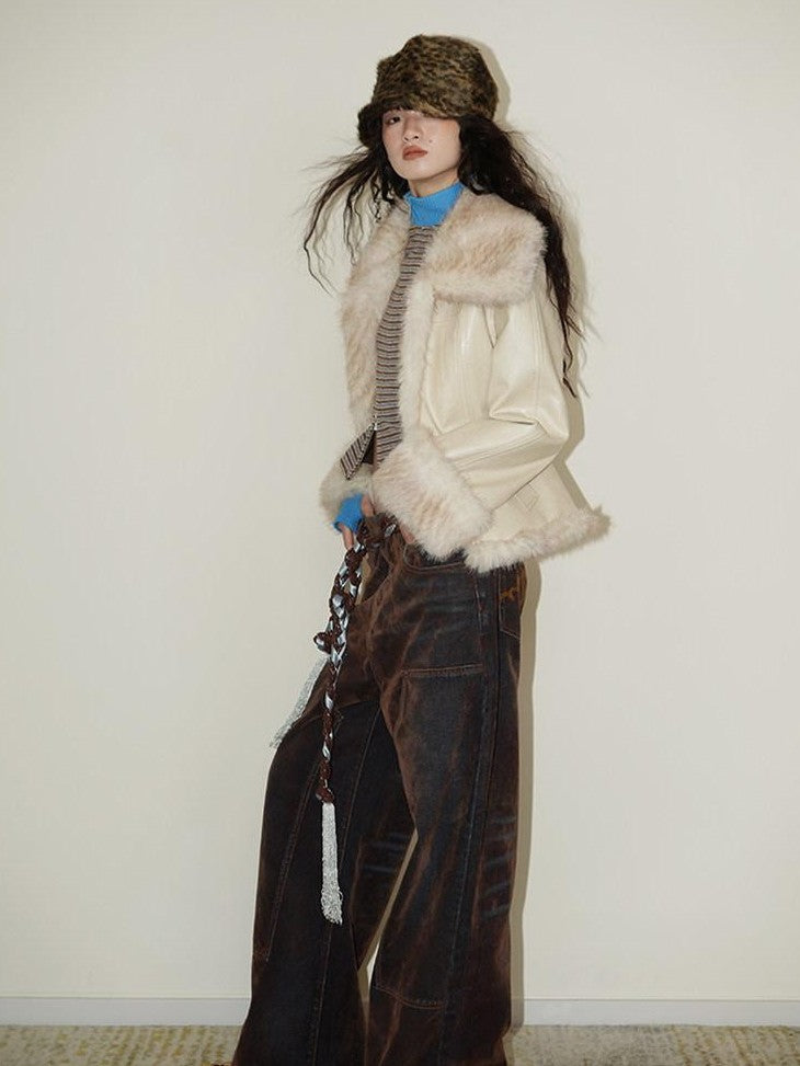 badtaste Western Patchwork Textured Fur Collar Women's Other Material Leather Jackets