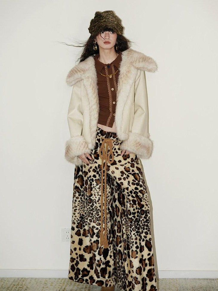 badtaste Western Patchwork Textured Fur Collar Women's Other Material Leather Jackets