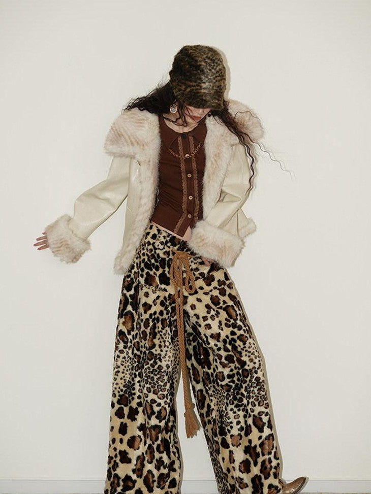 badtaste Western Patchwork Textured Fur Collar Women's Other Material Leather Jackets