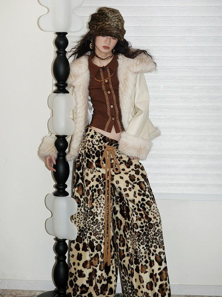badtaste Western Patchwork Textured Fur Collar Women's Other Material Leather Jackets