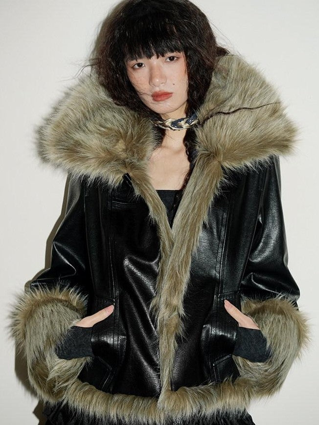 badtaste Western Patchwork Textured Fur Collar Women's Other Material Leather Jackets